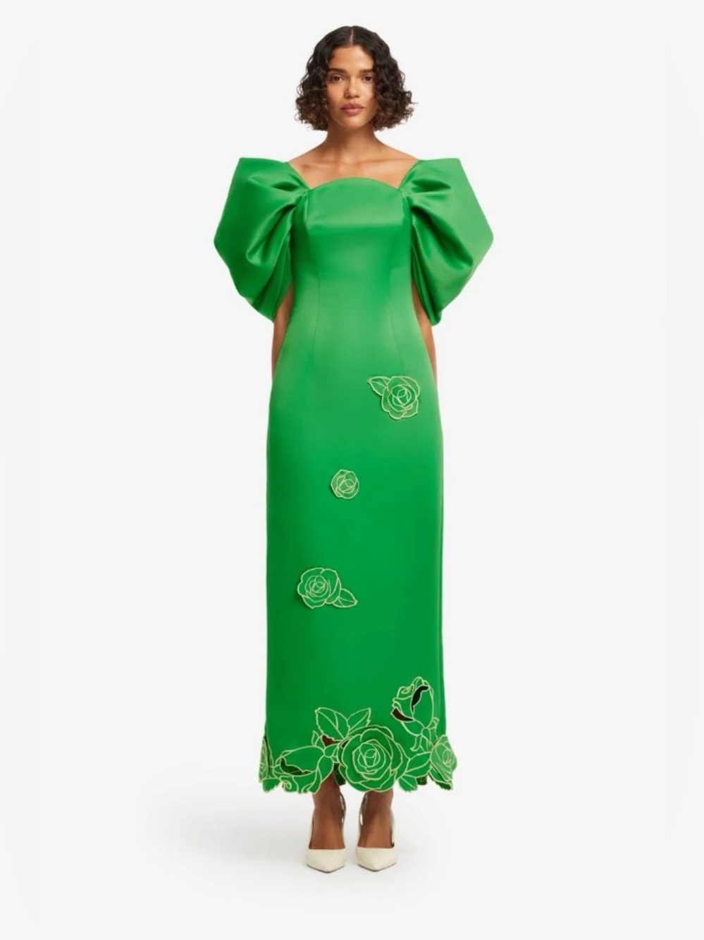 LEO LIN Arabella Emerald Green Rose Embroidered Sculptural Sleeve Maxi Dress
